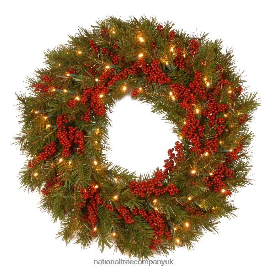 Greenery | National Tree Company Pre-Lit Artificial Christmas Wreath Green Valley Pine White Lights Decorated with Berry Clusters Christmas Collection 24 Inches F2L4F315